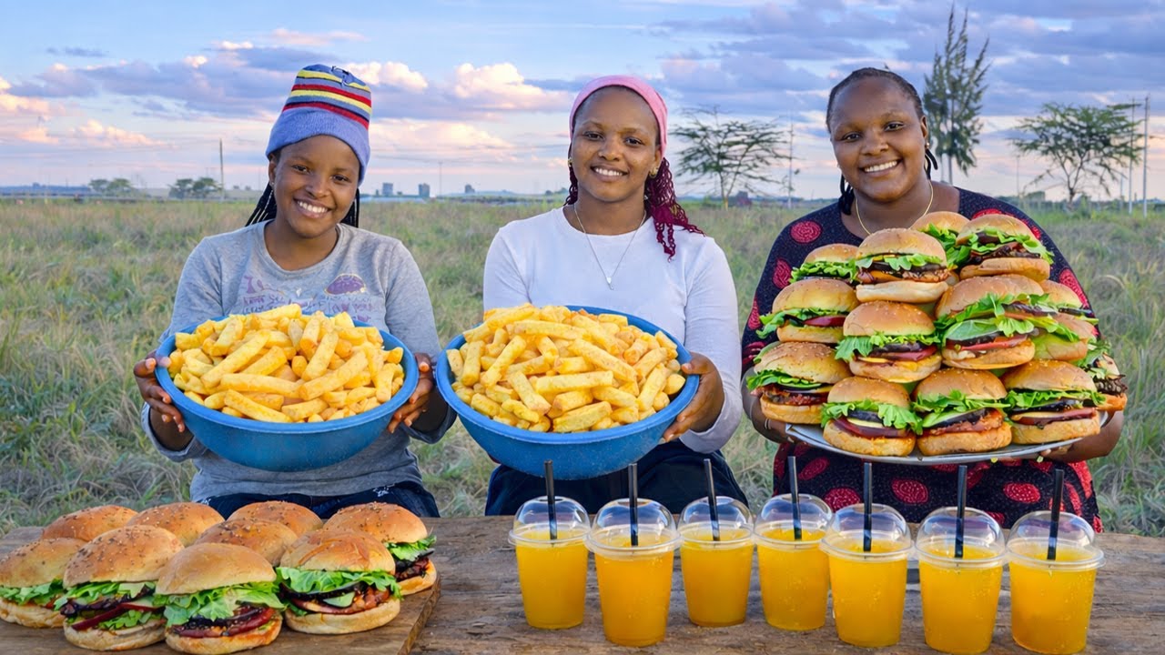 Village Burger Feast 🍔 | Fries, Fresh Juice & Big Smiles
