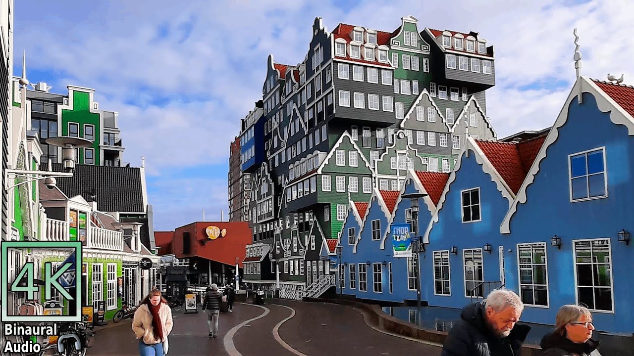 Walking in Zaandam, Holland. Typical Green Houses. Binaural City Sounds