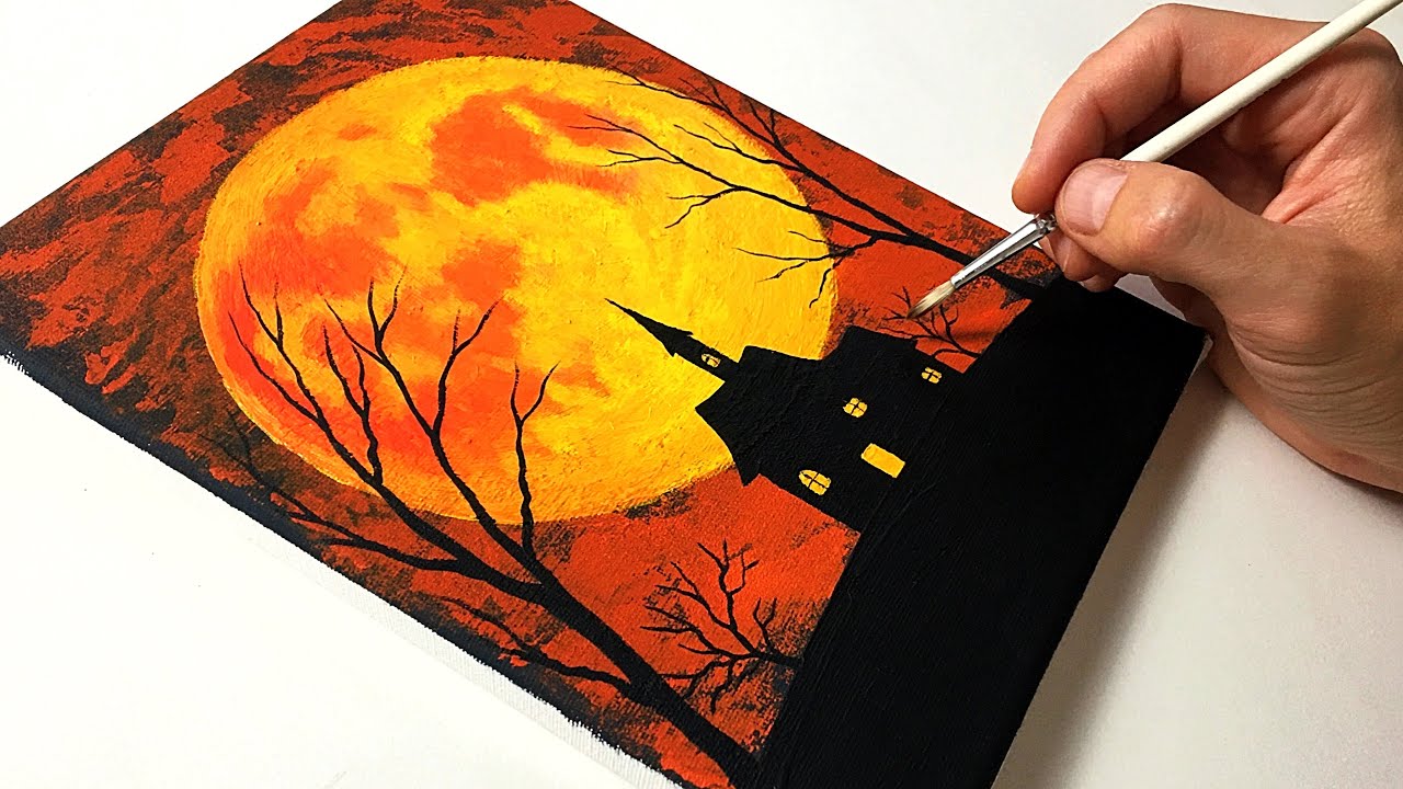 Easy Haunted House for Beginners | Halloween Acrylic Painting Tutorial Step by Step