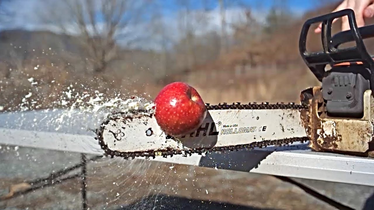 Chopping Fruit with Chainsaw in Slow Motion