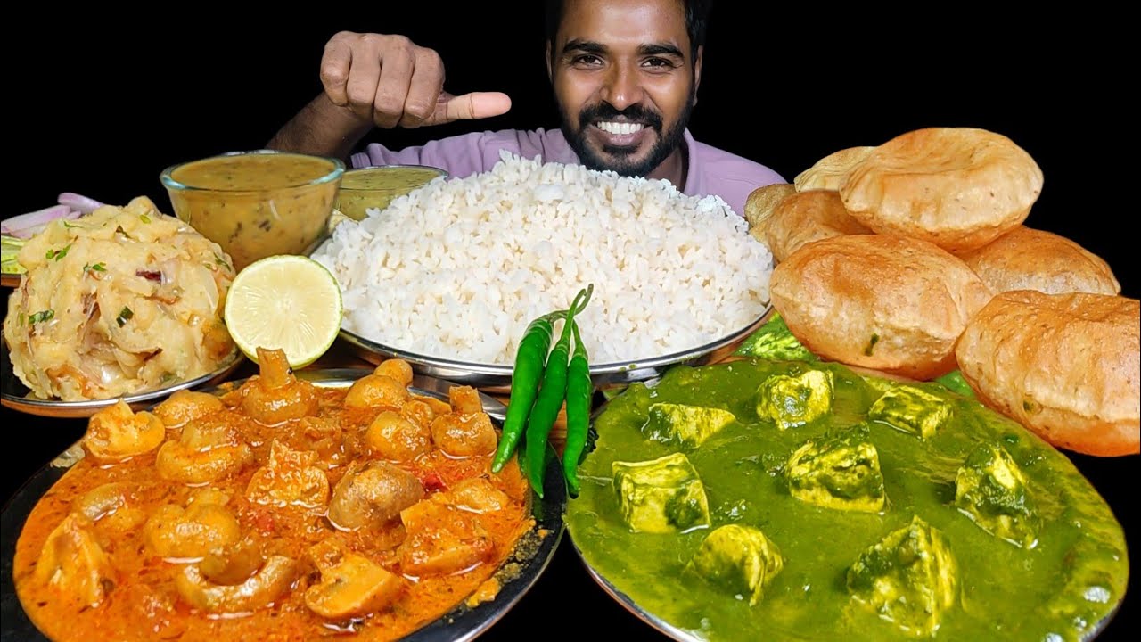 Eating Mashroom Curry with Rice | Palak Paneer, Aloo Bharta, Luchi Puri & Spicy Chilli Mukbang