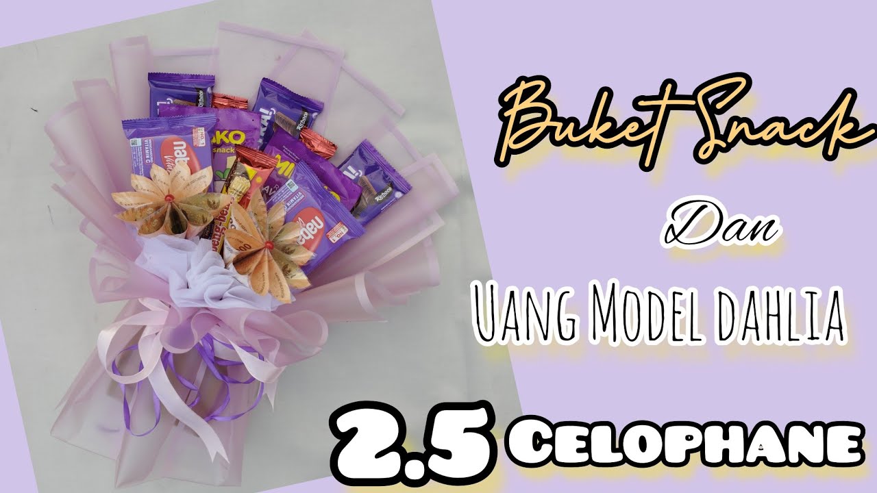 TUTORIAL BUKET UANG DAN SNACK TEMA UNGU || BUKET UANG 10 LEMBAR MODEL BUNGA DAHLIA