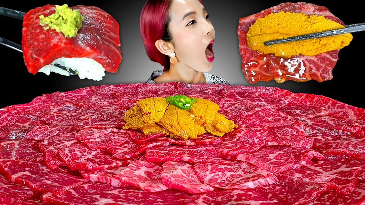 [Mukbang]🥩마블링이 살아있는 투뿔한우 육사시미(600g)+성게알+육회초밥먹방Raw beef tartare, Sea Urchin Roe, Sushiウニ 寿司 ASMR | 쎄미