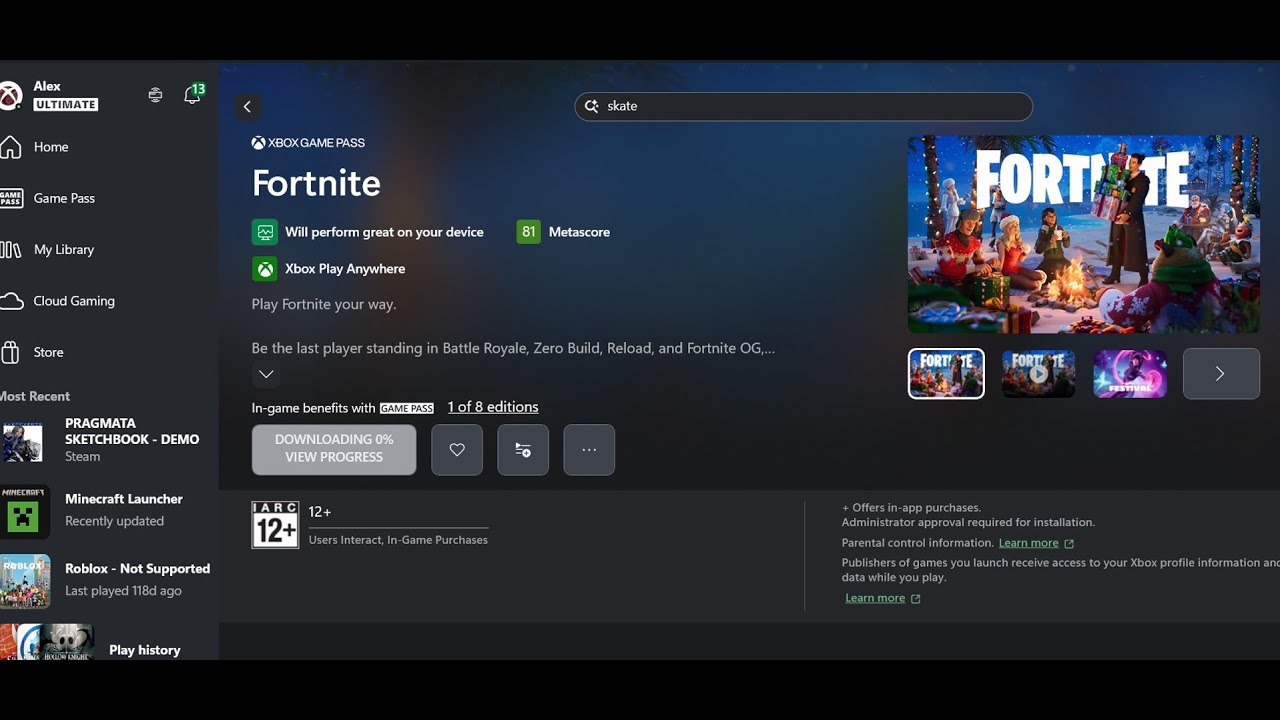 Исправление проблемы с установкой Fortnite в приложении Xbox/Microsoft Store на ПК с Windows