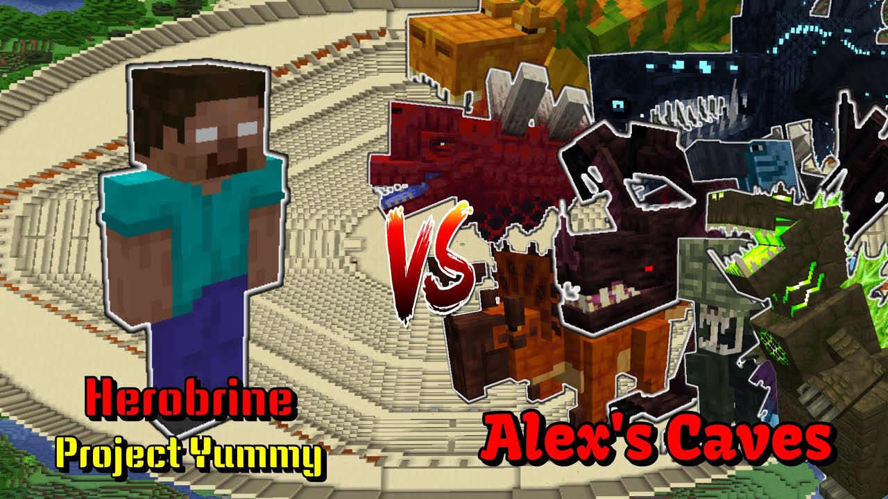 Herobrine (Project Yummy) VS Alex's Caves | Minecraft |Mobs Battle