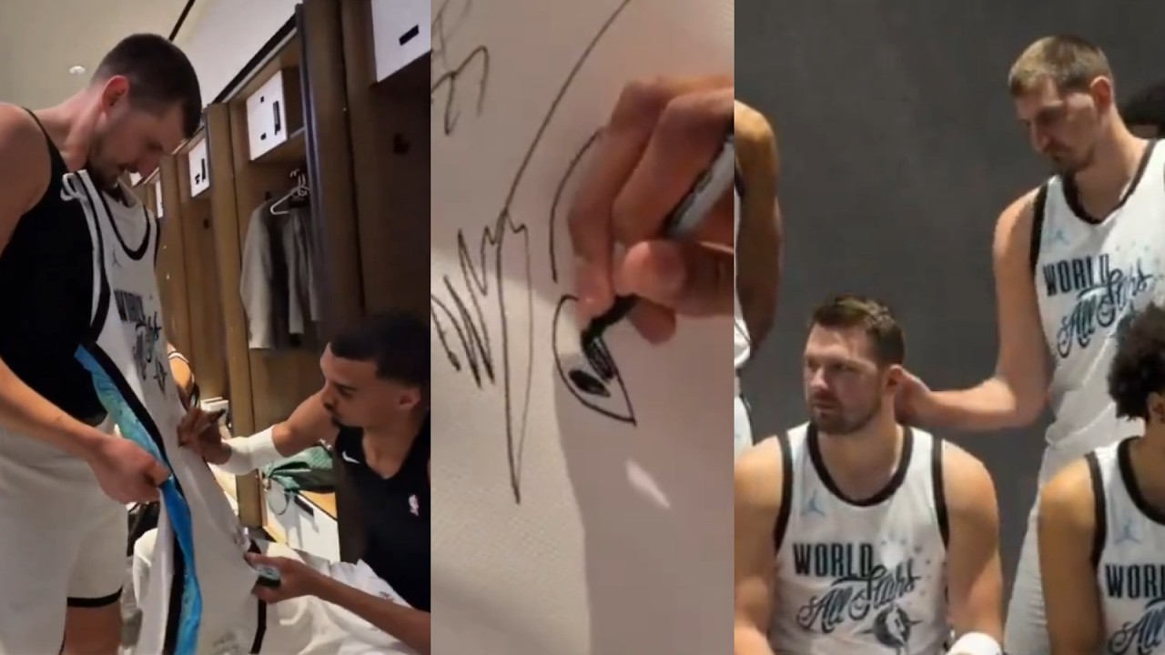 Nikola Jokic makes Wemby sign his jersey with an alien and slaps Luka Doncic at ASG 😂