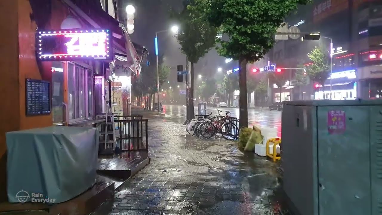 Heavy Rain Walk in Seoul Streets Soaks Your Soul. Relaxing Sound for Sleep Study Meditation. ASMR.