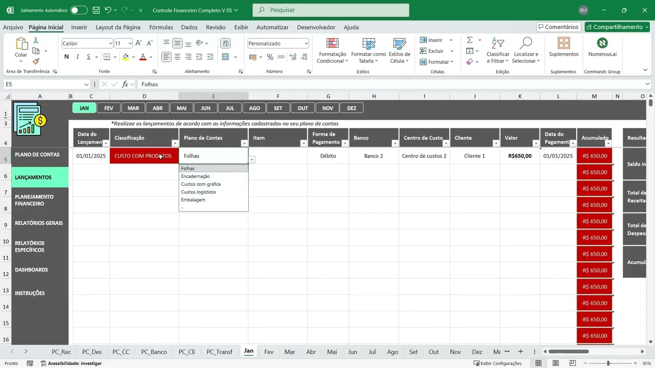 Lançamentos  - Planilha Controle Financeiro Completo com Centro de Custos em Excel