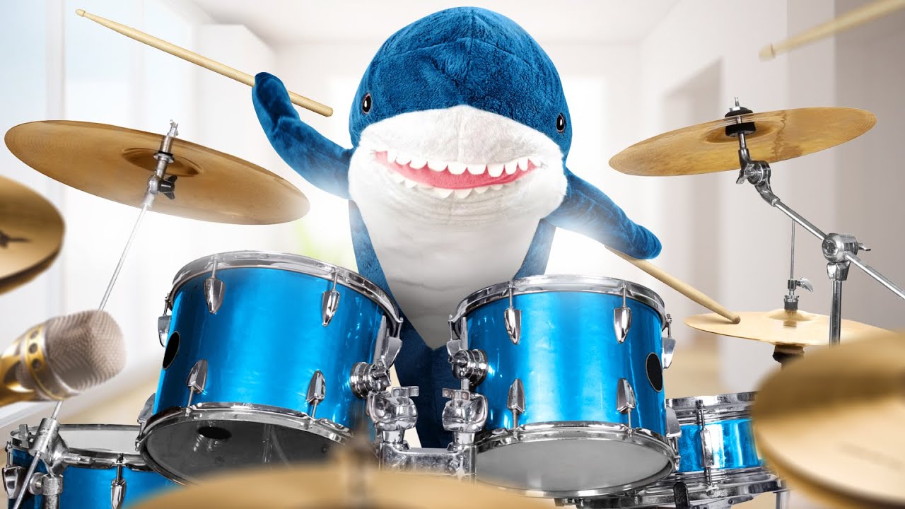 Shark from IKEA Blahaj Sets Up a Drum Kit