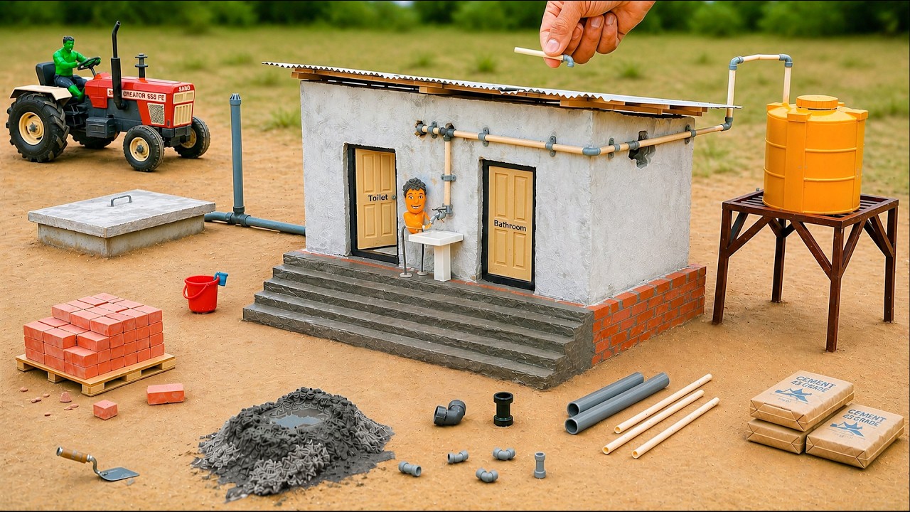 Mini Brick Toilet & Bathroom with Septic Tank & Full Water Supply | Mini Tractor Construction