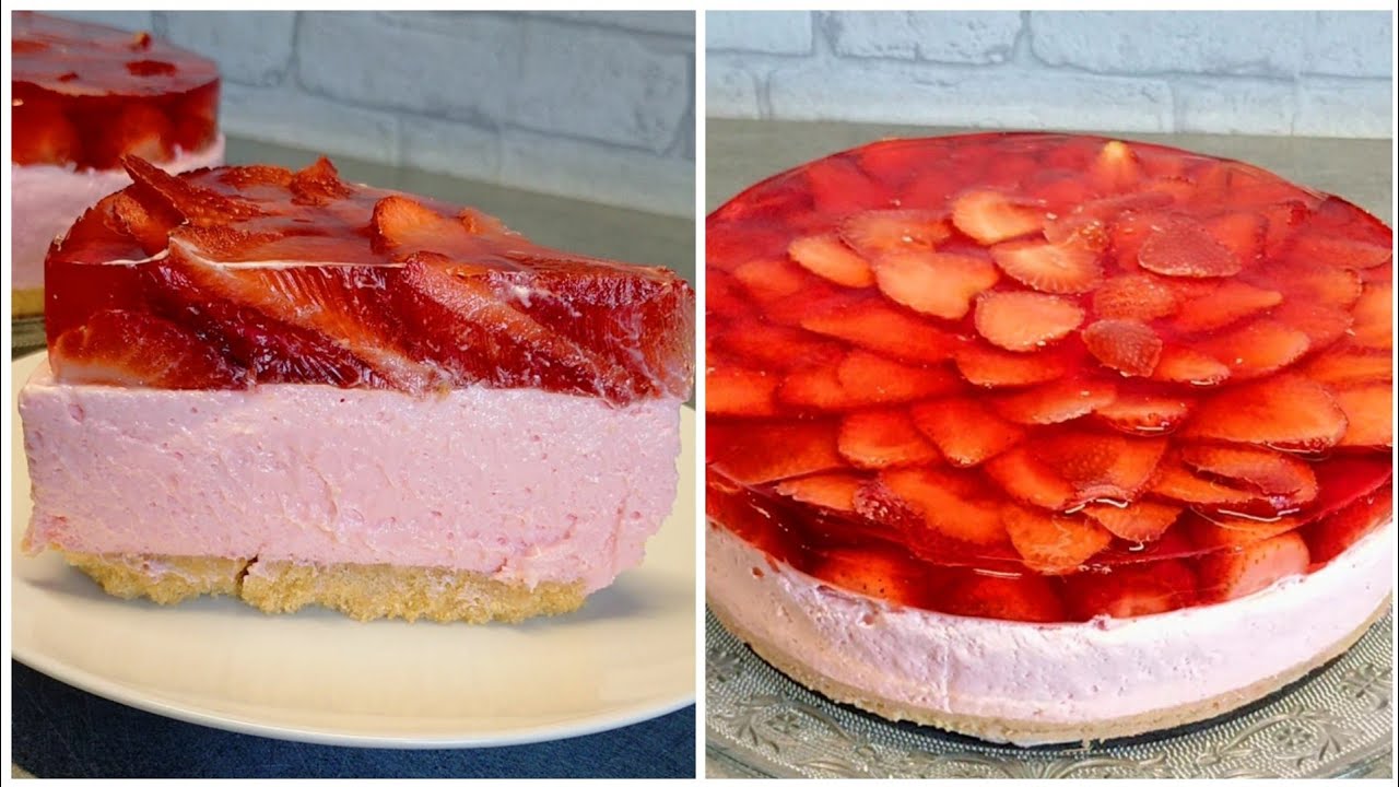 cheesecake &agrave; la fraise 🍓تشيز كيك الفراوله على البارد بدون جيلاتين وبدون فرن