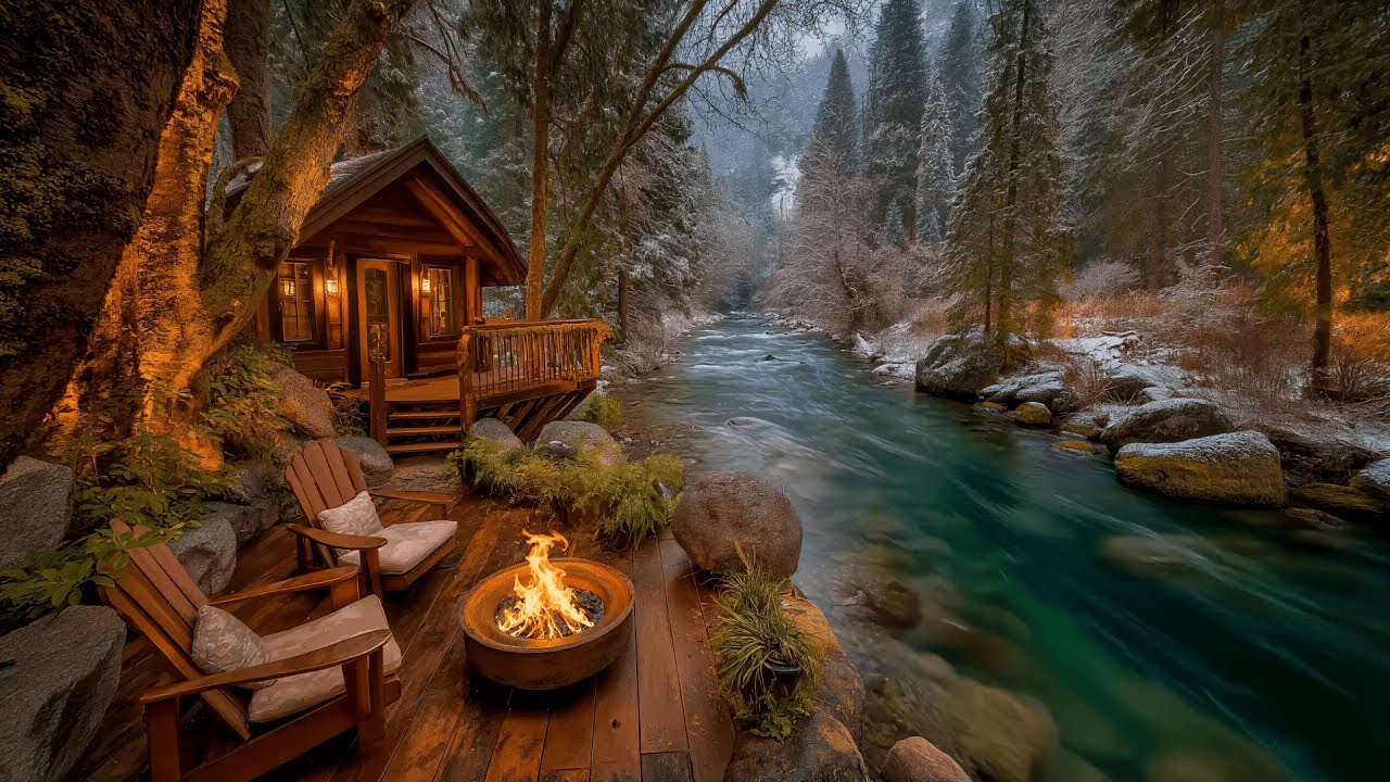 Evening Relaxation at a Forest Cabin Porch | Firepit & River Ambience
