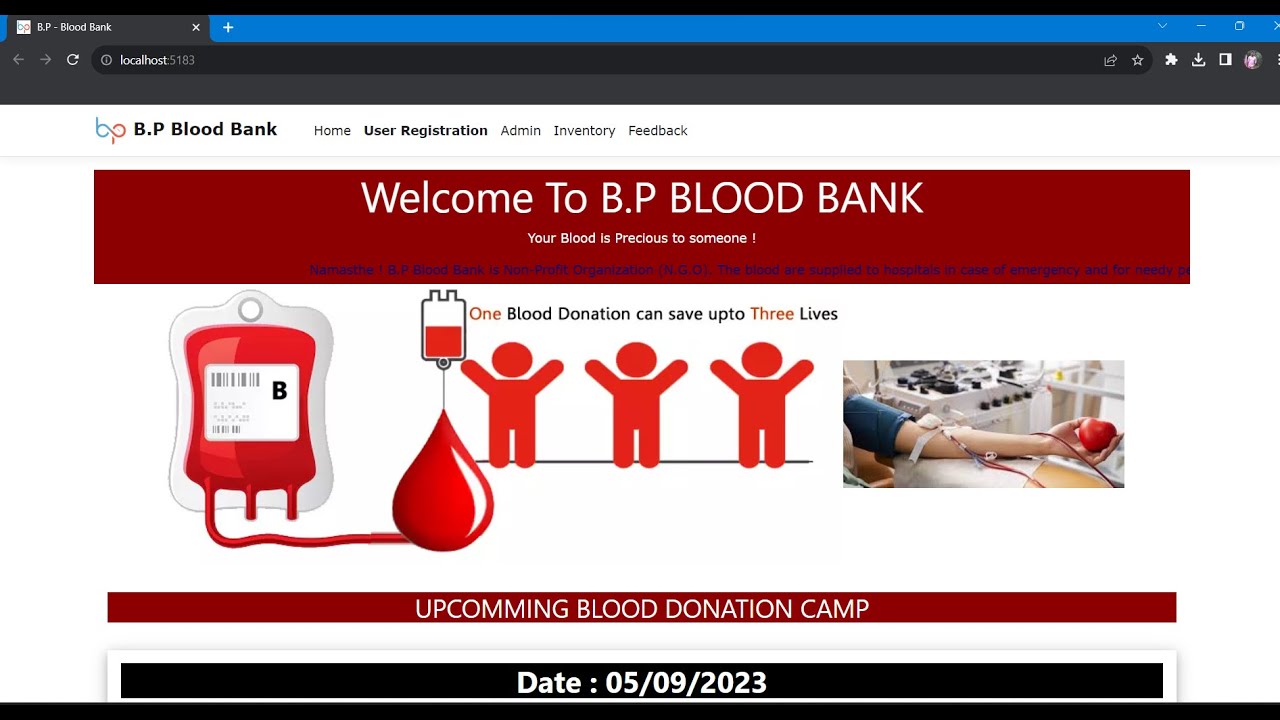 Blood Bank Portal - Fully Dynamic Upgraded Video using .NET Core (middleware)  , C# , HTML5 & CSS3 .