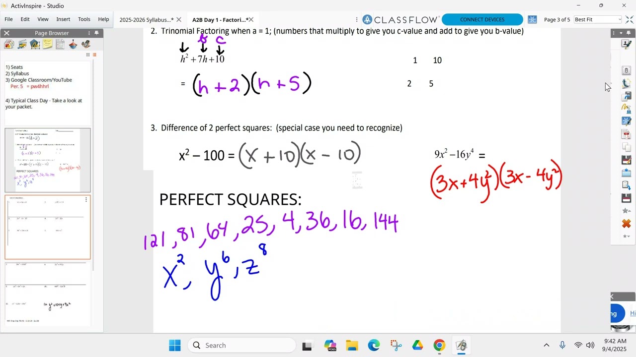 A2B September 4th - Unit 1 Day 1 - Review of Factoring