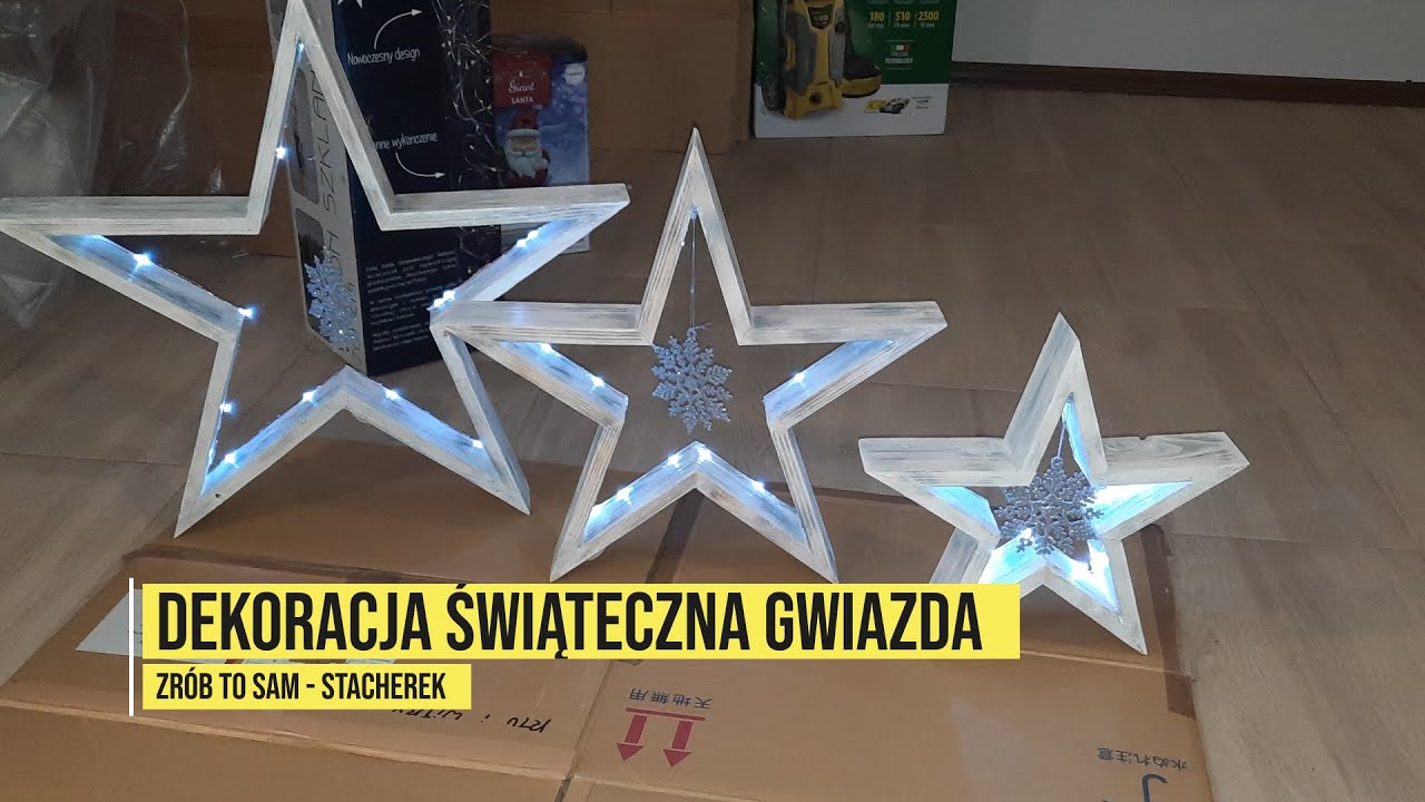 Dekoracja świąteczna gwiazda z drewna. Lampka led DIY