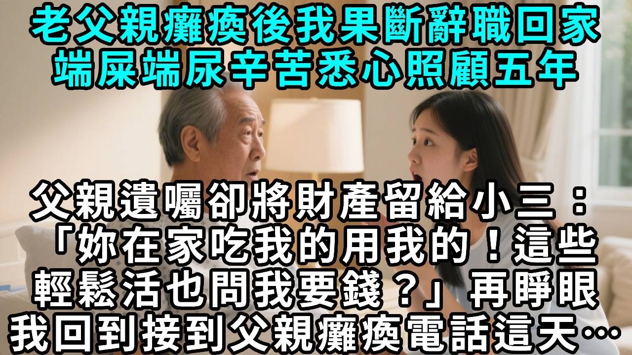 老父親癱瘓後，我辭職回家，端屎端尿辛苦悉心照顧五年，父親遺囑卻將財產留給小三：「你在家吃我的用我的！這些輕鬆活也問我要錢？」再睜眼，我回到接到父親癱瘓電話這天……