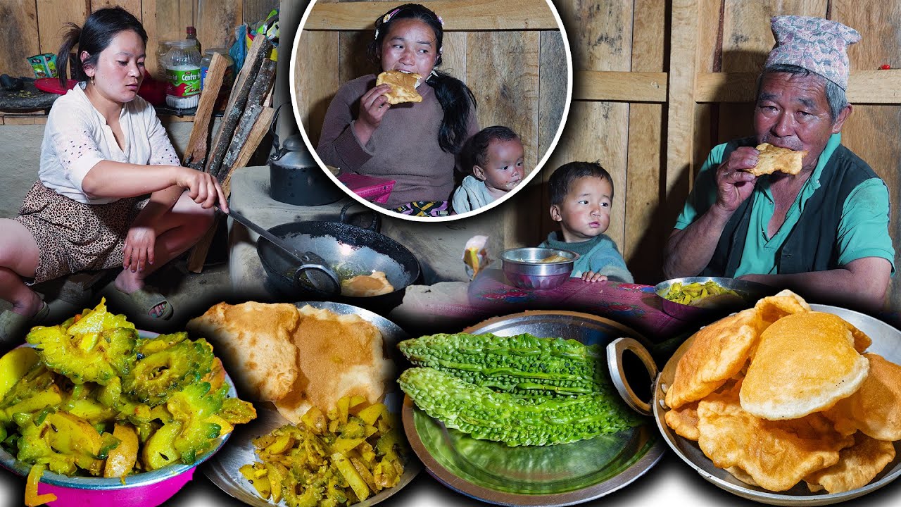 Wheat flour PURI with Potato & Bitter Gourd Recipe in village kitchen || Nepali food || Village vlog