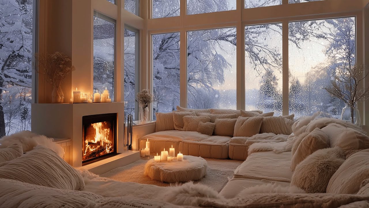 January Winter Morning By The Lake ❄️ Soft Piano, Falling Snow & Cozy Fireplace for Deep Focus
