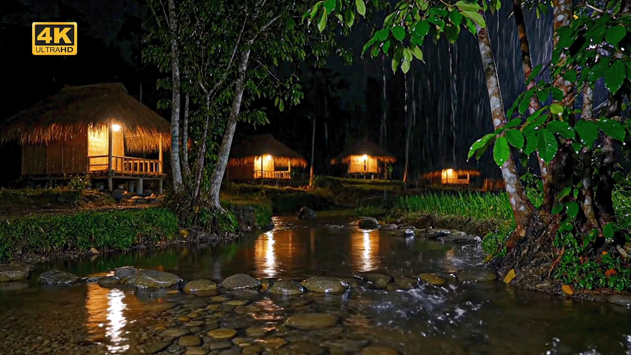 Дождливая ночь в деревне в джунглях. Глубокий сон. Звуки дождя.