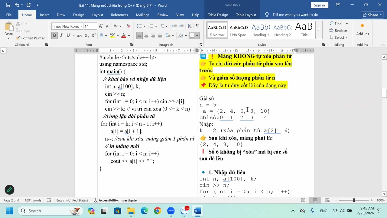 Bài 11. Mảng một chiều trong C++ (Dạng xóa, chèn phần tử)