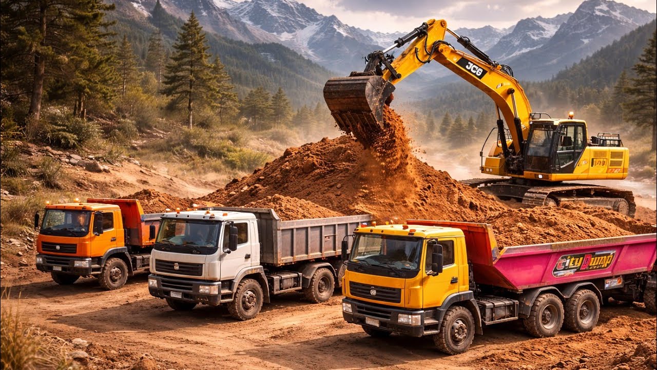 Mega JCB Loading Giant Dump Trucks on Mud Mountain | Ultimate Construction Adventure for Kids 🚜💥🏔️