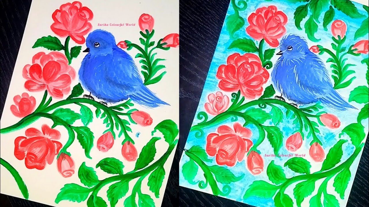Beautiful Blue Bird Painting with Flowers 🌸 | Easy Nature Painting Tutorial for Beginners 