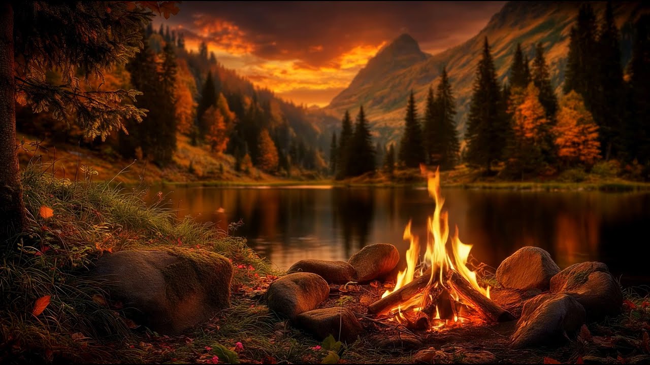 Cozy Fall Vibes with Lakeside Campfire  🍁 Autumn Forest Fireplace, Water & Birds Sounds 🍂