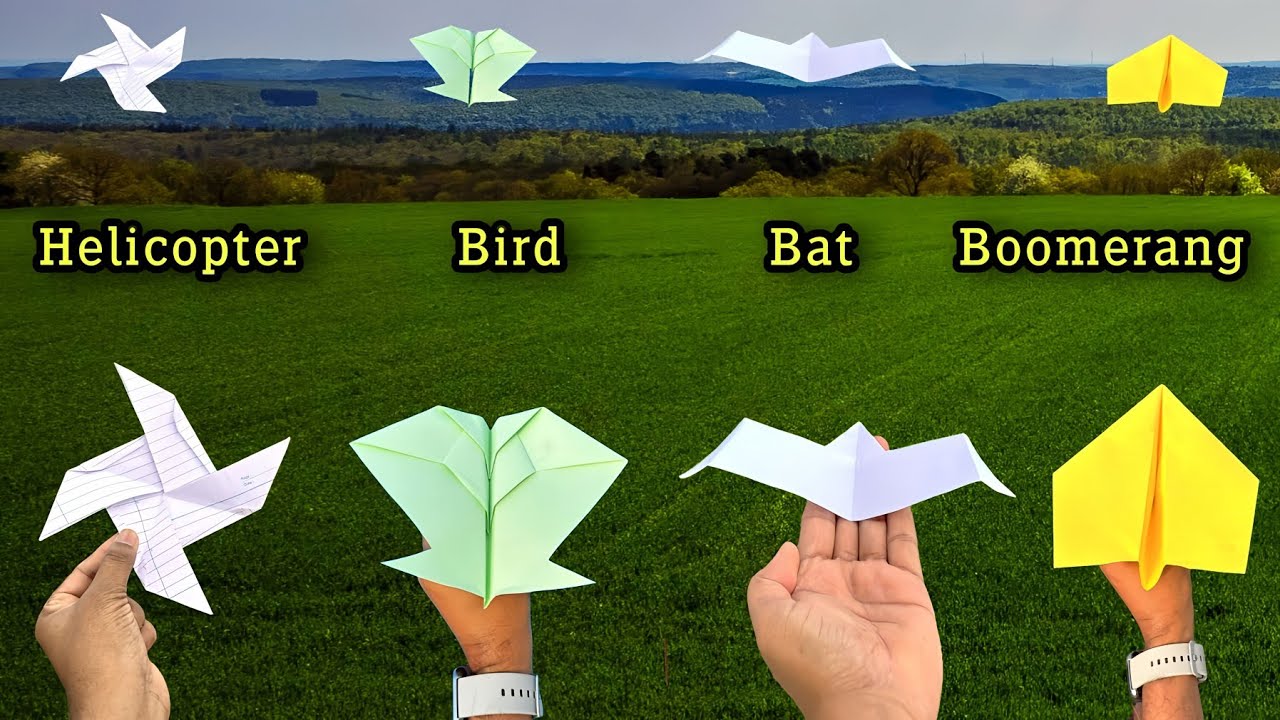 4 Amazing flying paper toy, top 4 flying birds, helicopter,  bird, bat, Boomerang, amazing fly plane