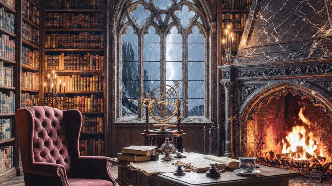 8K Haunted Gothic Library Ambience 🏰 Mystery Orrery & Heavy Thunderstorm | 4K Deep Focus