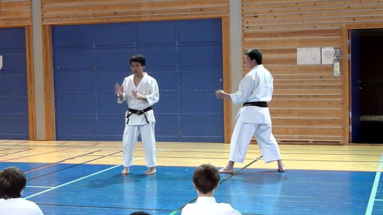 Sensei Kawasoe shows mae geri techniques with Sensei Lim