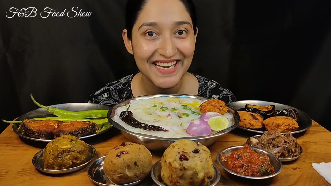Eating Panta Bhat Different types of Bharta Fish Fry Pakora/Eating Show/Poita Bhat/Fermented Rice