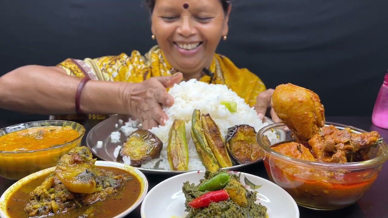 BIGBITES, EATING RICE WITH KOCHU PATA CHINGRI, MURGIR LAL JHOL, (SPICY CHICKEN🔥)KASON PORA KATLA।।
