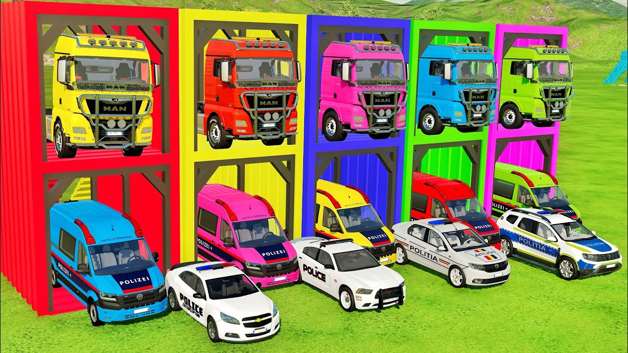 TRANSPORTING ALL POLICE CARS and AMBULANCE EMERGENCY VEHICLES WITH MERCEDES POLICE TRUCKS! FS22