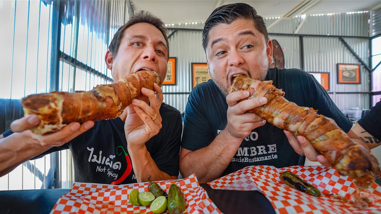Mexican Street Food!! 🥓 Giant BACON WRAPPED BURRITO + Tostilocos!!