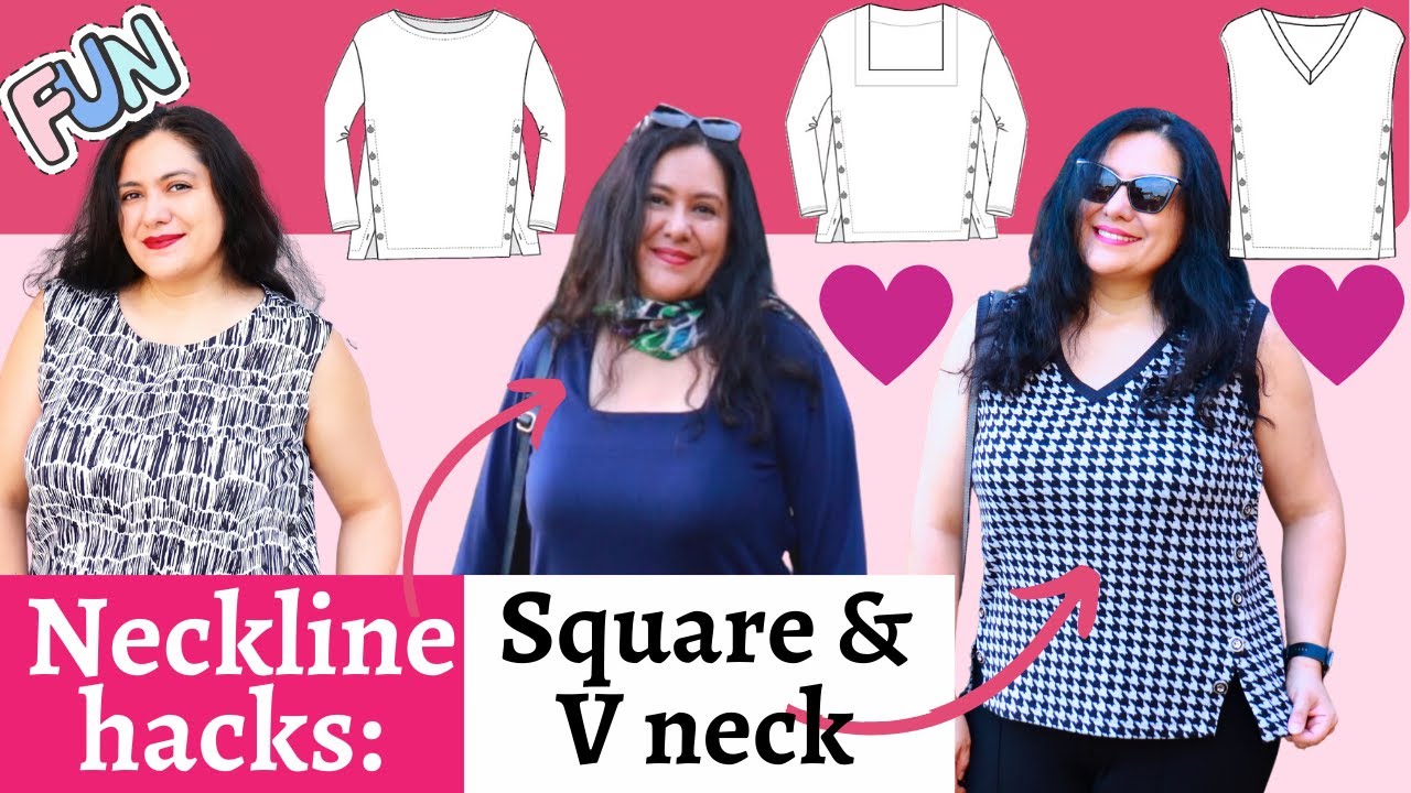 FUN with KNIT necklines. From round to square & V neck. Lincoln top (Love Notions). Pattern MASH.
