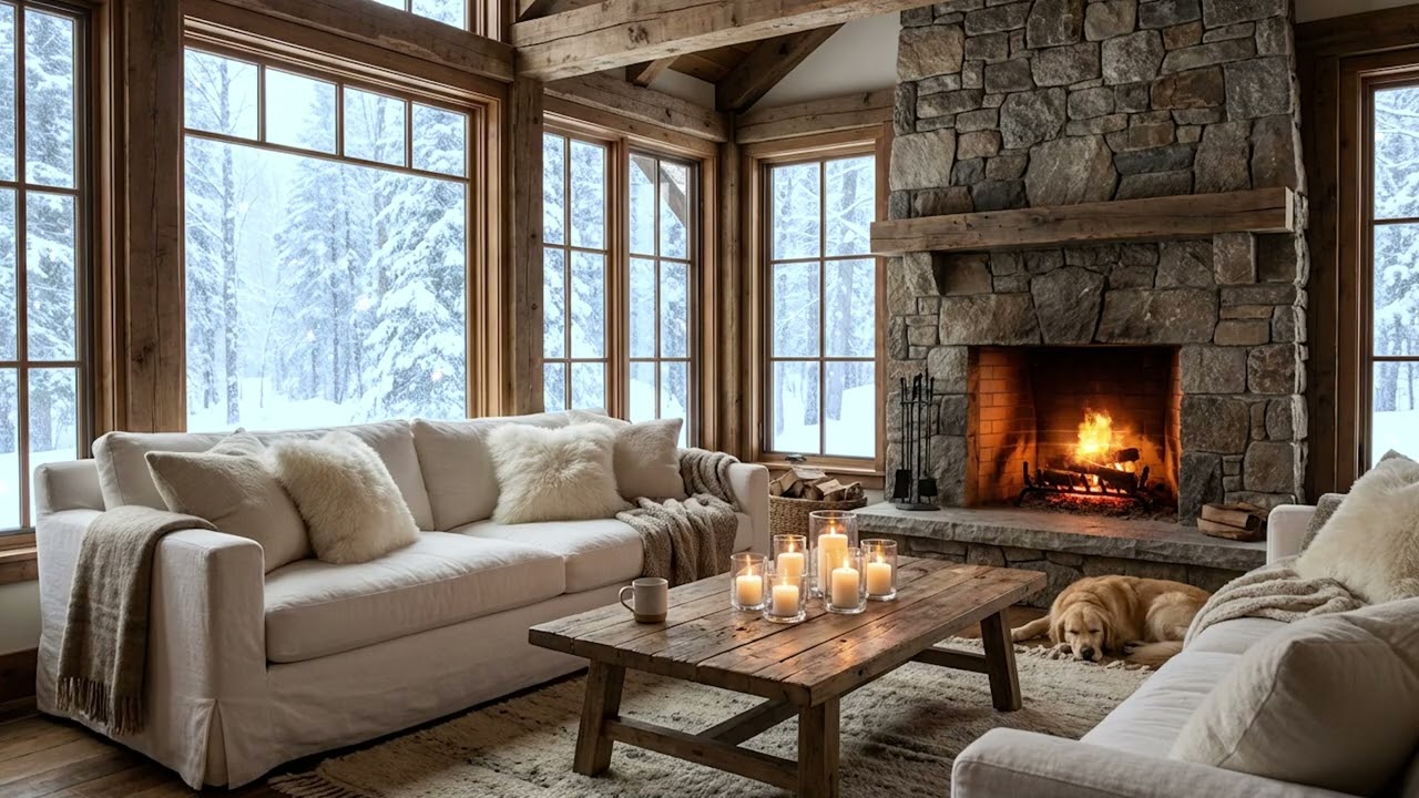 Late Night Wind Through the Trees with a Fireplace Glow for Deep Focus and Rest