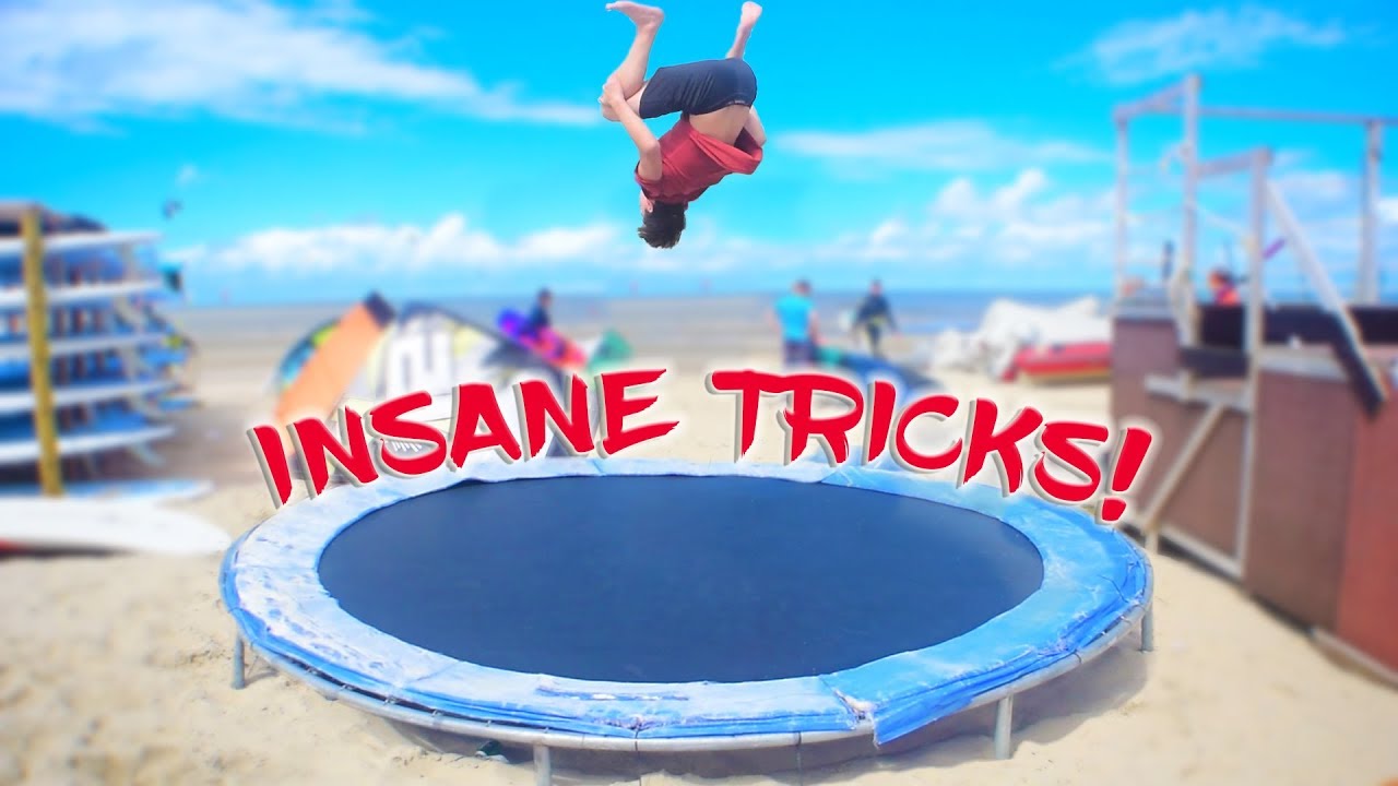 INSANE TRAMPOLINE TRICKS AT THE BEACH!!