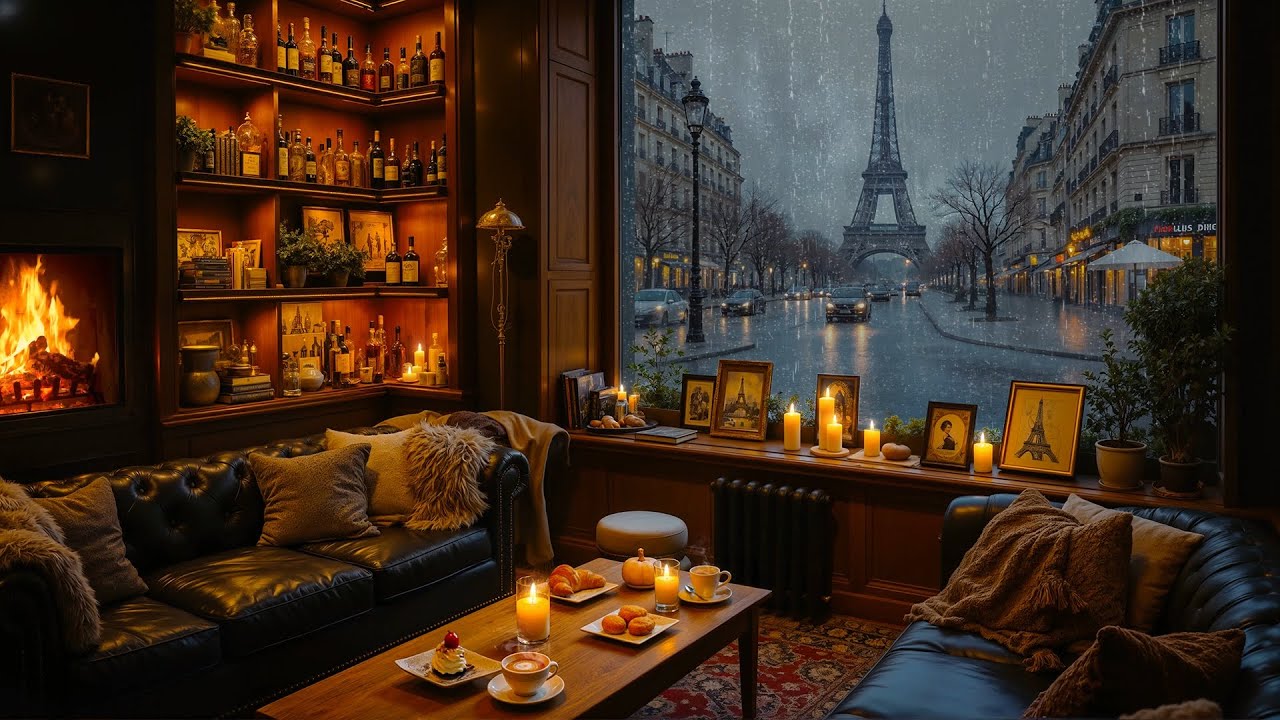 Relaxing Jazz Music with Crackling Fireplace ☕ Cozy Library Cafe Ambience & Rain Sounds to Focus