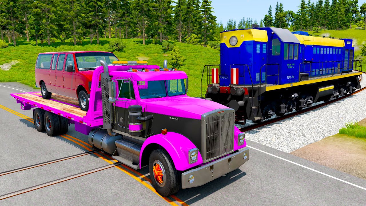 Double Flatbed Trailer Truck vs Speedbumps Train vs Cars | Tractor vs Train Beamng.Drive
