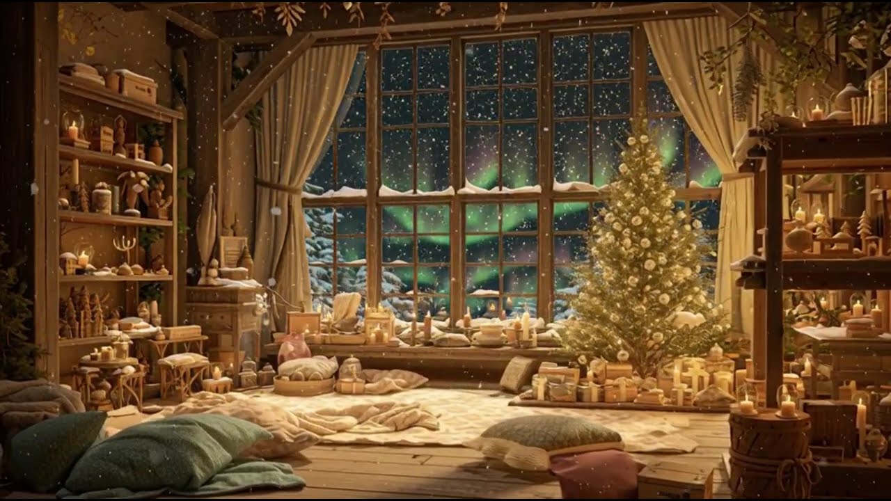 COZY WINTER COZY COFFEE SHOP AMBIENCE-CHRISTMAS / MUSIC FOR RELAXING /GENTLE SNOWFALL & FIREPLACE