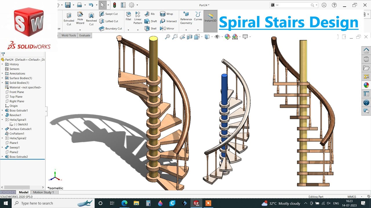 ✅How to design Spiral stairs in Solidworks | Solidworks Tutorial | Solidworks Surfaces