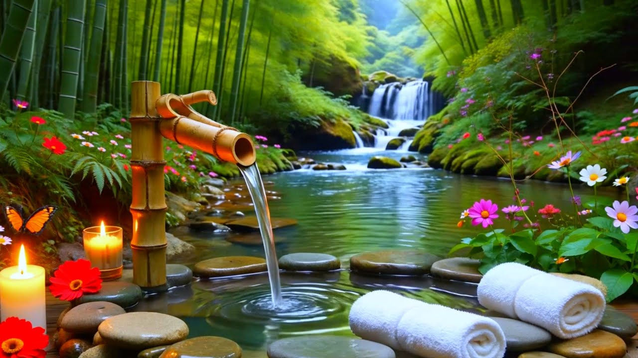 Relaxing Music with Bamboo Water Fountain 🌿 Deep Sleep, Healing Music, Stress Relief, Spa Ambience