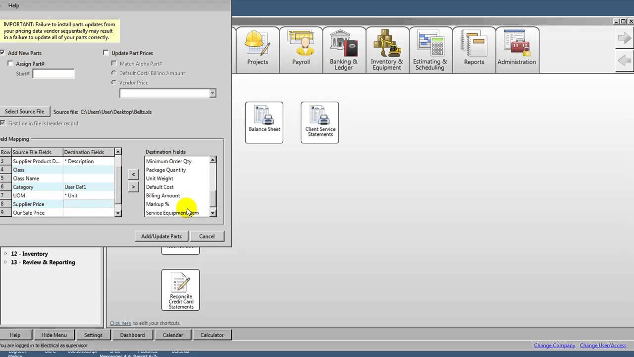 Sage 100 Contractor -add  or update parts from Excel file
