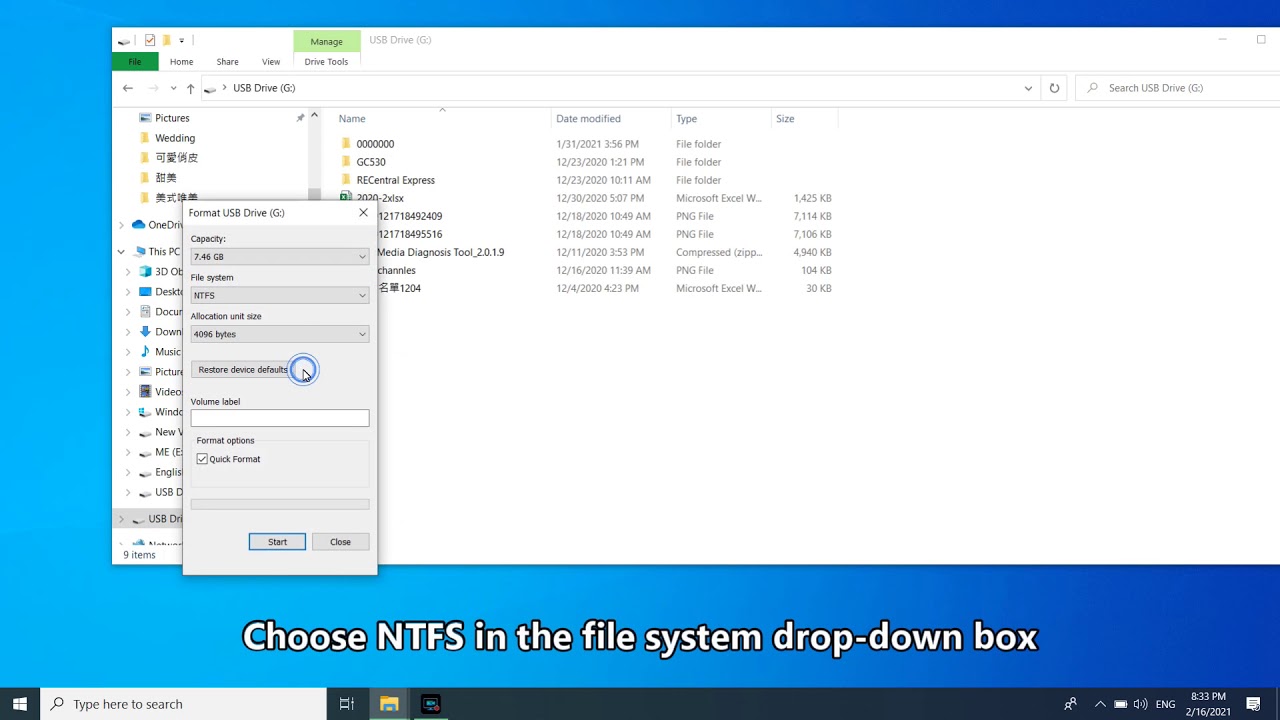 How to format USB flash driver to NTFS