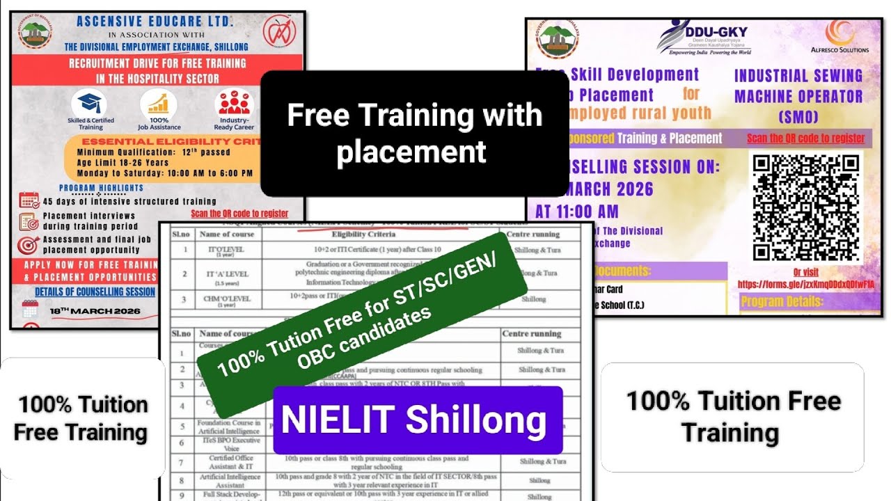 Free Training with placement @ Employment Exchange Shillong & 100% Tuition Free Training @NIELIT Shg