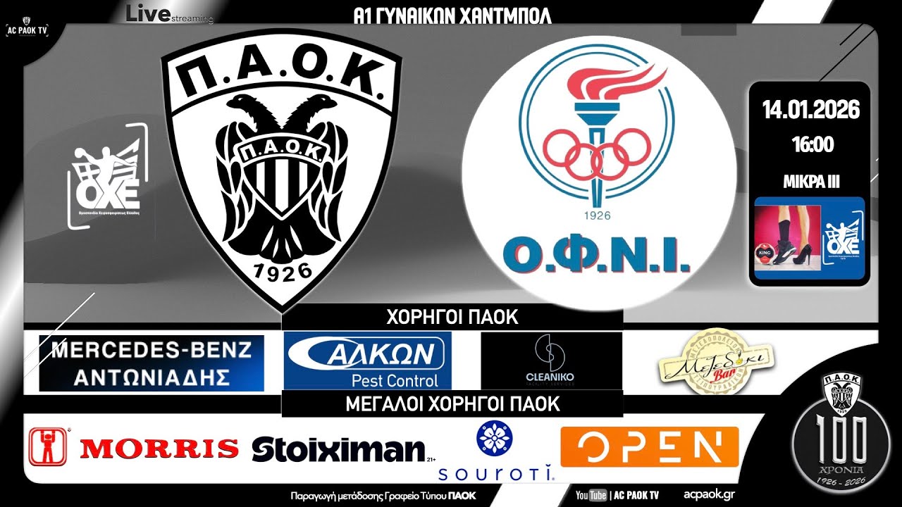 ΠΑΟΚ - ΟΦΝΙ | 10η αγ | A1 ΓΥΝΑΙΚΩΝ HANDBALL 2025-26 Live streaming