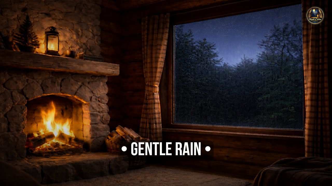 Night Cabin Ambience • Gentle Rain Outside, Fireplace Inside 10 Hours Deep Sleep
