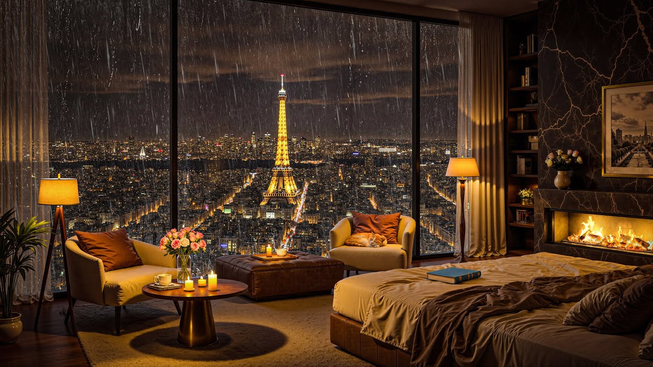 🎶 Rainy Paris Jazz Night 🌧️🔥 Cozy Fireplace Bedroom with Eiffel Tower View & Deep Relax