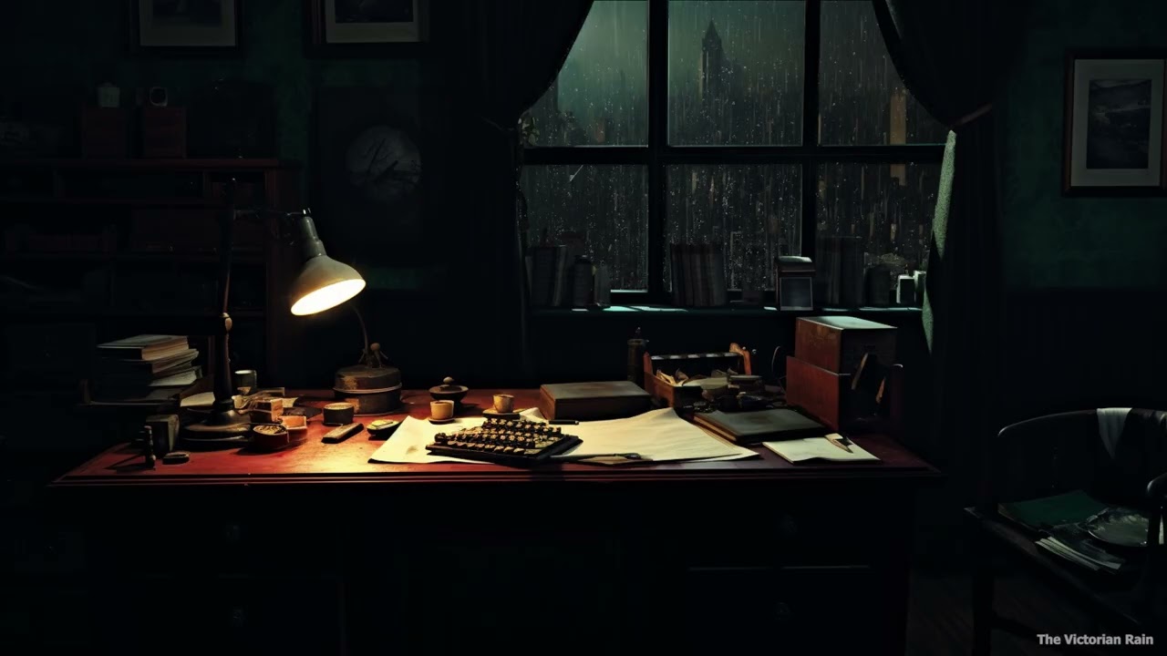 Stormy Night in a 1940s Detective Office | Rain, Thunder & Mystery Ambience