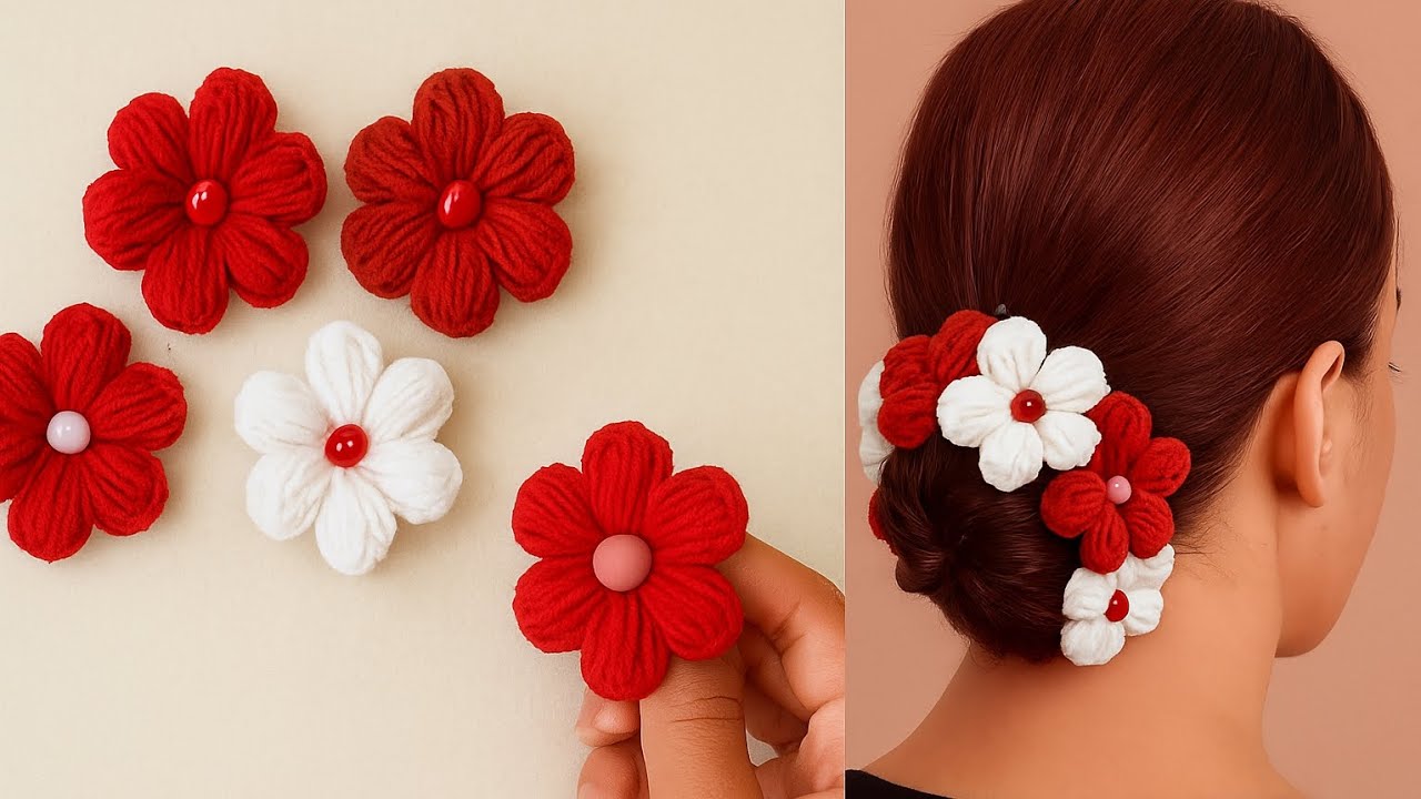 🌸 DIY Yarn Flower Juda Clip | Red & White Crochet Flowers for Hair Bun Decoration 🌼